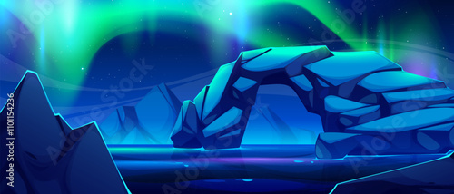Arctic landscape with Northern Lights. Ice formations and polar waters mirror green aurora borealis glow. Crystalline peaks and starry sky at night. Natural phenomenon with celestial illuminating