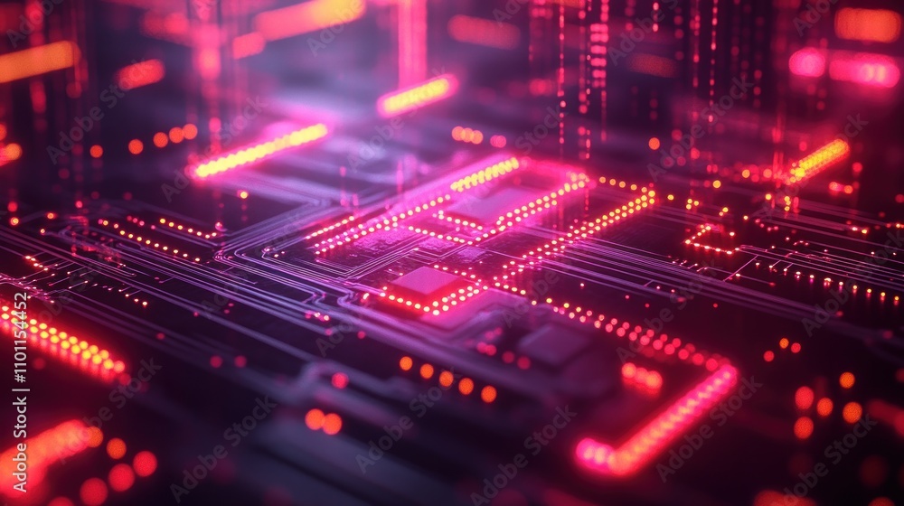 Fototapeta premium Abstract digital circuit board with glowing red lines and a central processor.