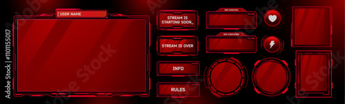 Game stream ui frames set isolated on black background. Vector realistic illustration of red gradient borders for streaming platform, buttons with heart and lightning signs, user interface design