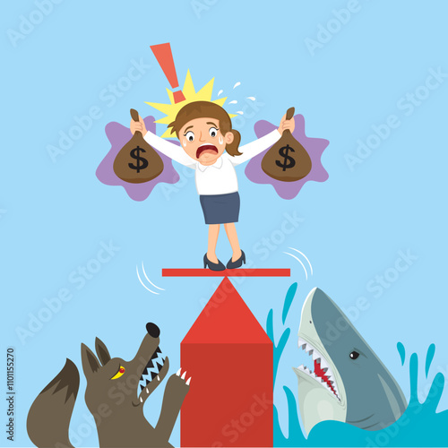 Cartoon woman holding money in a dangerous.