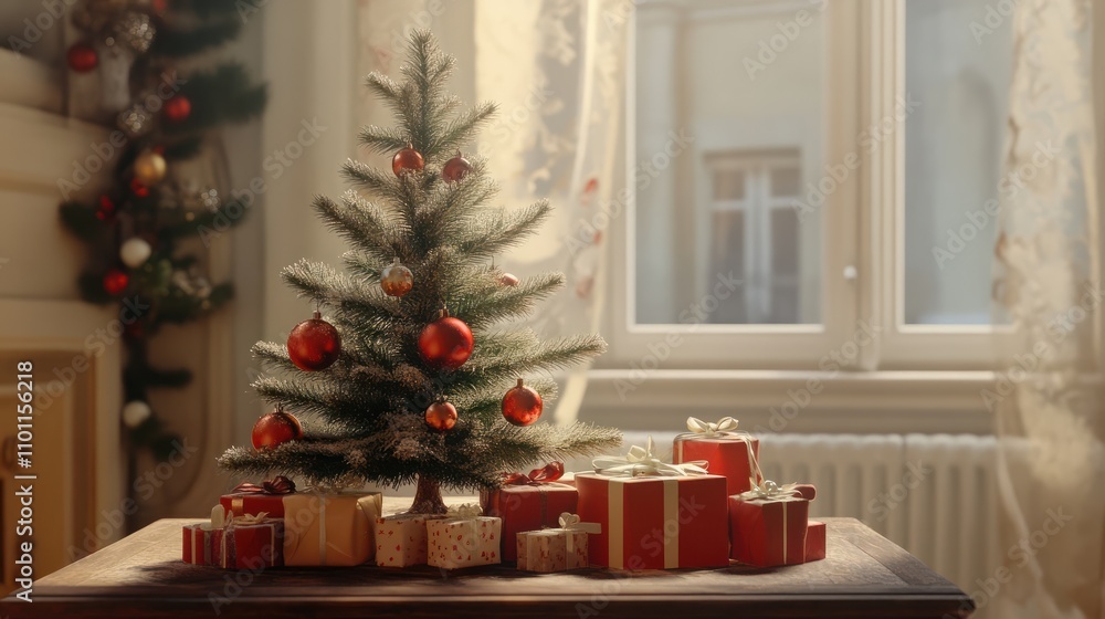 small christmas tree with gifts stands on table in home interior small christmas tree with gifts stands on table in home interior