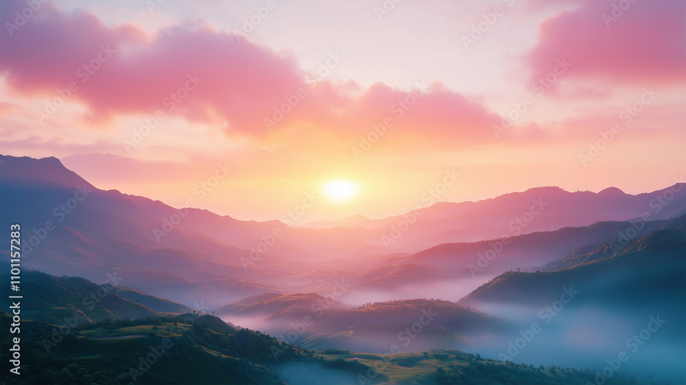 Fototapeta premium 日の出に染まる山脈と穏やかな朝