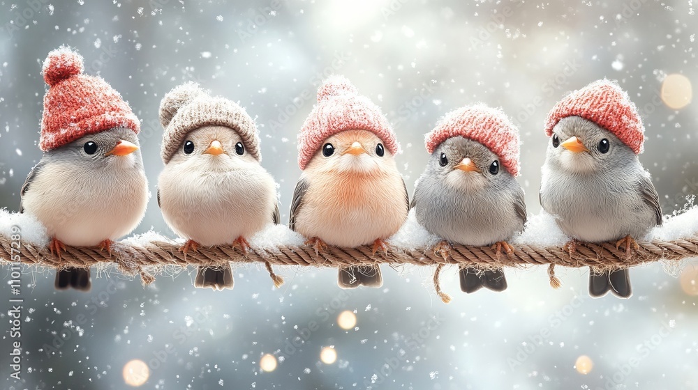 Four festive birds wearing colorful hats are perched on a rope, creating a charming and whimsical Christmas scene. Four festive birds wearing colorful hats are perched on a rope, creating a charming and whimsical Christmas scene.