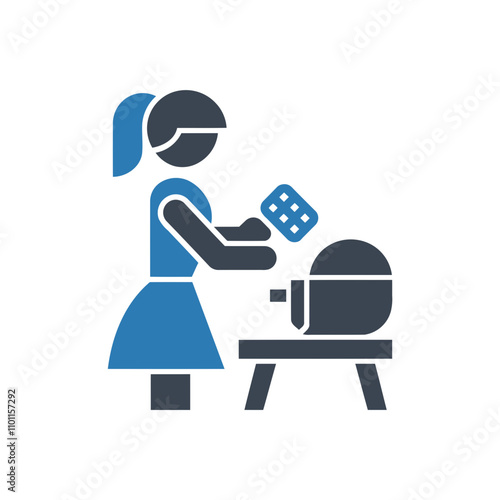 Woman inserting waffle into machine icon