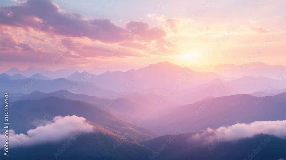 Fototapeta premium 雲海と朝日に染まる幻想的な山脈