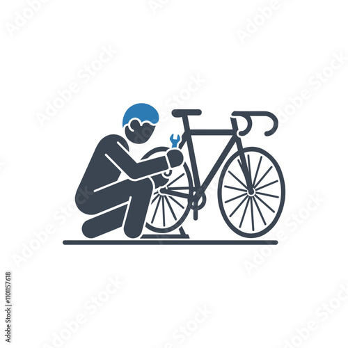 Man fixing front bicycle tyre icon