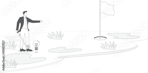 Businessman playing golf with idea light bulb, club, hole, flag