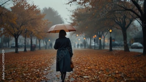 first time, discovery, journey, beginning, exploration, Woman Walking with Umbrella in Autumn Park Scenery