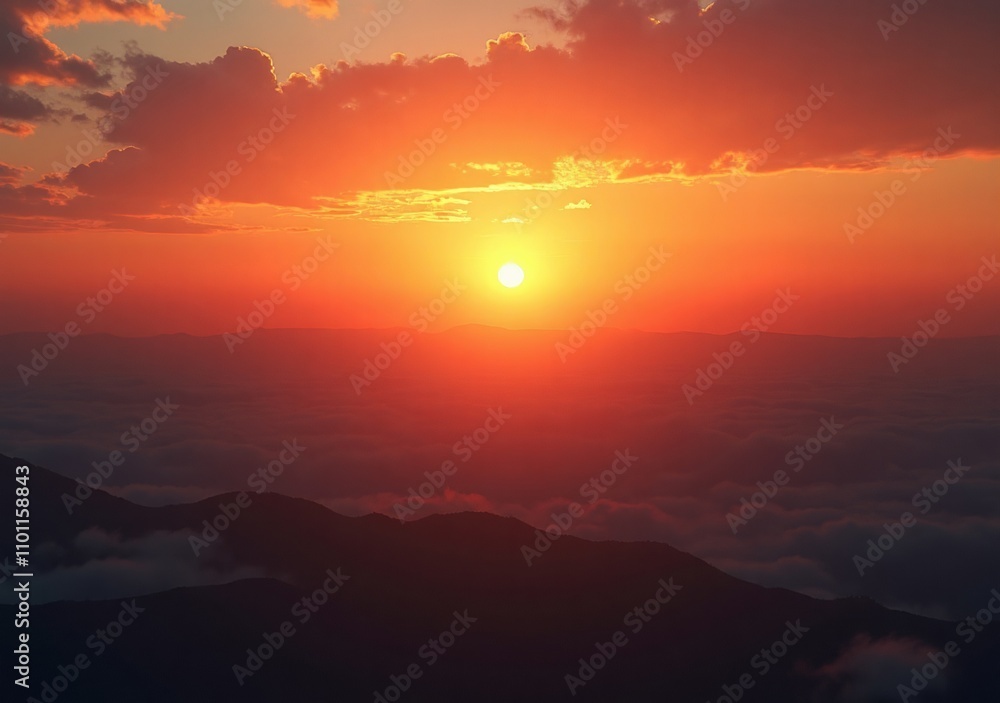 Obraz premium Stunning sunset over mountains with vibrant colors and dramatic clouds in the sky