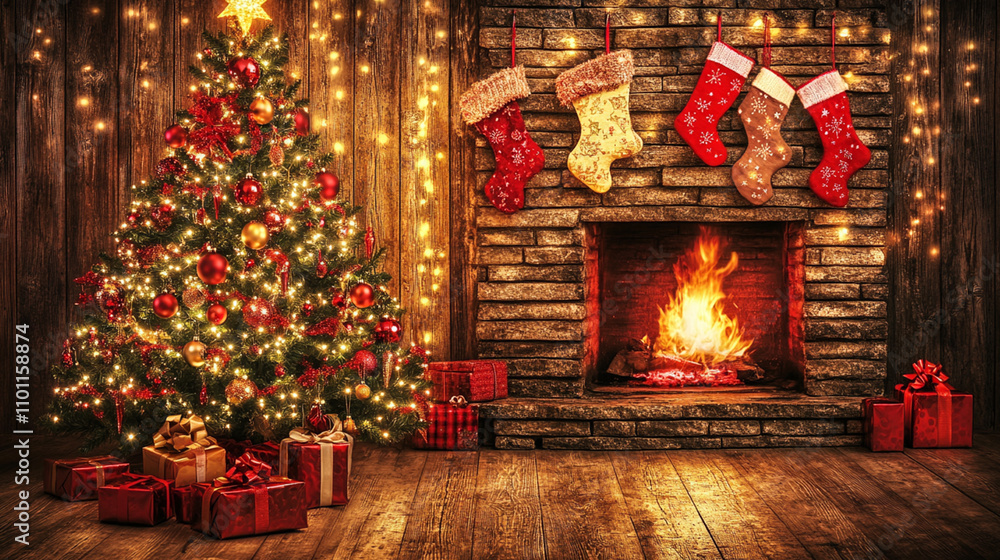 Fototapeta premium Traditional Christmas Setting with Tree and Fireplace