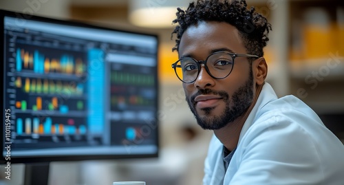 Focused Black Scientist Analyzing Data; Modern Lab Research. photo