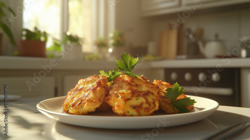 Fresh latkes with golden crispy texture on a white plate, served with parsley leaves as garnish, background is a simple kitchen, Ai generated images photo