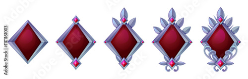 Ruby game level badges set isolated on white background. Vector cartoon illustration of rhombus stone in precious metal frame decorated with red crystals and leaves, progress award medal, success sign