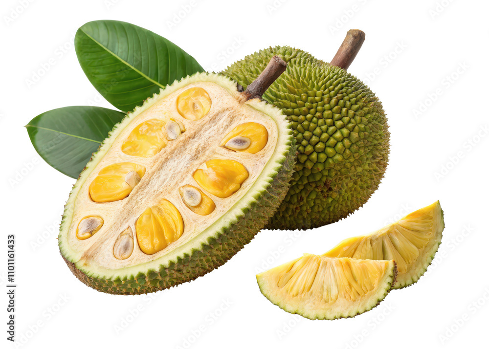 Fototapeta premium Fresh Tropical Jackfruit with Sliced Sections and Green Leaves