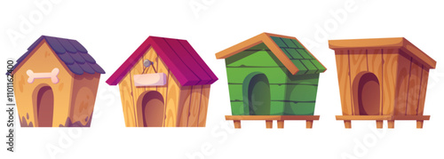 Cartoon wooden dog kennels of different designs and rooftops. Wood structures with arched entrances and decorative elements for comfortable pets shelter. Cute shelters for canine companions.