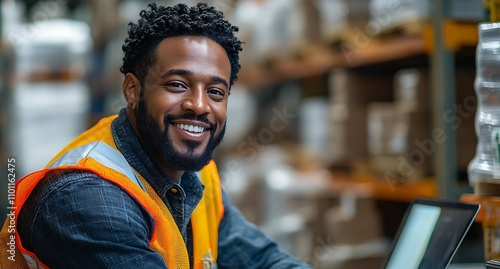 Portrait of smiling african american worker using laptop in warehouse photo