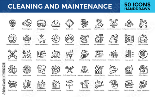 Cleaning and Maintenance icon set with safety, protective gloves, safety goggles, hard hat, caution sign, maintenance checklist, equipment servicing, air conditioning icon. Simple handdrawn vector 
