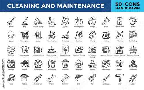 Cleaning and Maintenance icon set with broom, mop, vacuum cleaner, dustpan, duster, cleaning cloth, sponge, brush, cleaning spray, bucket icon. Simple handdrawn vector 
