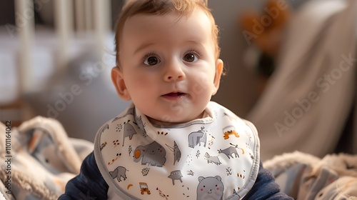 A stylish gray baby bib with playful animal graphics photo