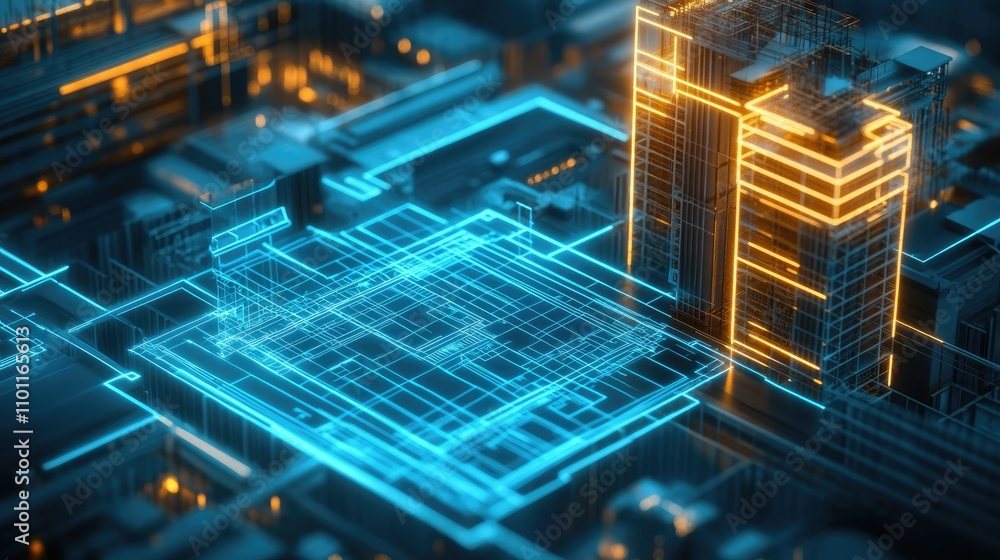 High-tech construction site with glowing blueprints High-tech construction site with glowing blueprints
