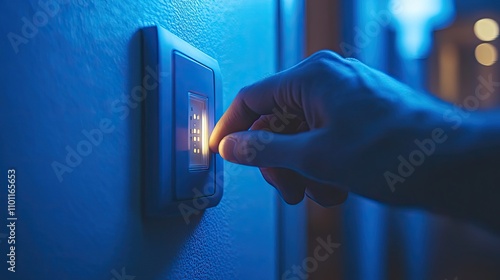 a close up of a man s hand or fingers turning on and off a grey light switch next to a dark blue wall at home during the night electrical energy conservation power and safet photo