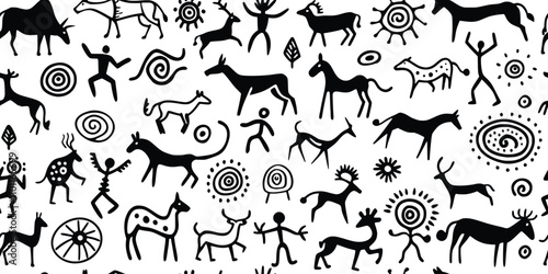 Seamless petroglyph pattern, rock paintings, isolated on white background, vector design	
