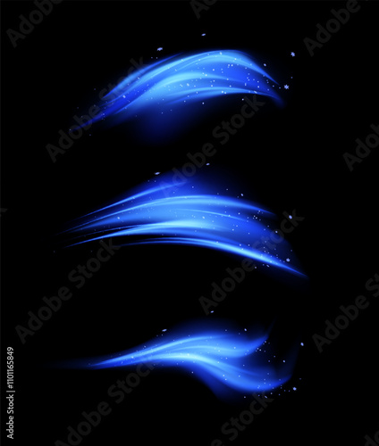 Wind effect, air steam with sparkles, blue air flow wave effect vector set, realistic stream of wind, wave fumes motion