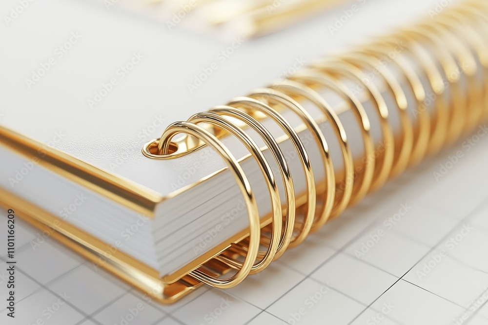 Golden spiral notebook 3d visualization set: standalone golden metal wire binding and springs designed for calendars, notebooks, albums, document covers, and coil mockups on diary pages