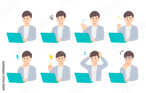 パソコンを見ながらいろいろな表情･ポーズをする若い男性のセット【人物ベクターイラスト素材】