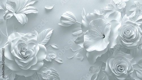 a three-dimensional floral pattern with embossed roses and lilies, pearl white on a matte silver surface