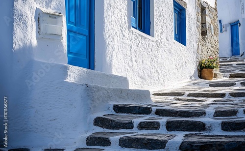 Greek Village Alleyway - Whitewashed Houses, Blue Doors. photo