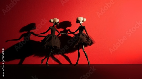 Two ballerina dolls pose gracefully against a vibrant red background, casting intriguing shadows in dramatic lighting. photo