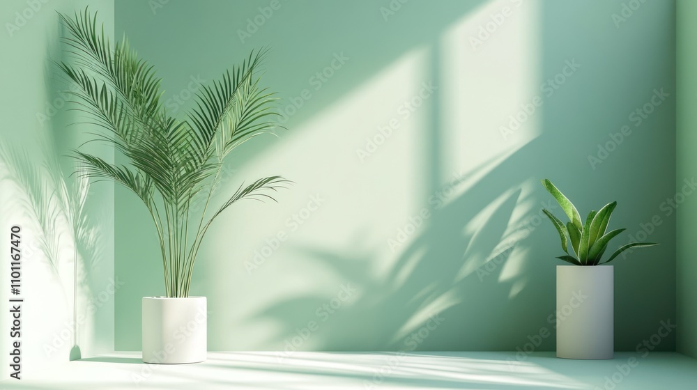 Obraz premium Plants in sunlight, green wall.