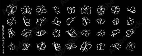 Set of butterflies drawing by pastel or charcoal pencil. White chalk line butterfly simple element on black chalkboard background. Like children's drawing cute fly collection. Vector illustration.