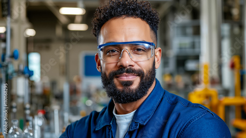 A man wearing safety glasses in a factory