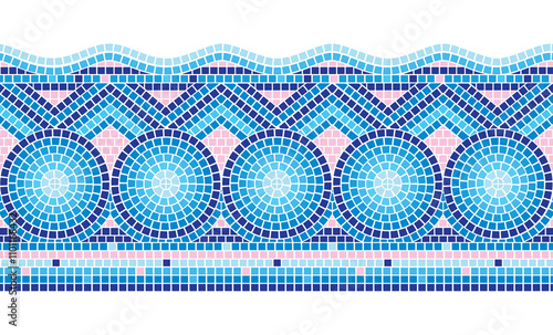 Swimming pool tile border with circular mosaic pattern in blue shades. Geometric layout with wave like designs. Classic Mediterranean inspired decorative aquatic tilework. Realistic 3d wall ornament.