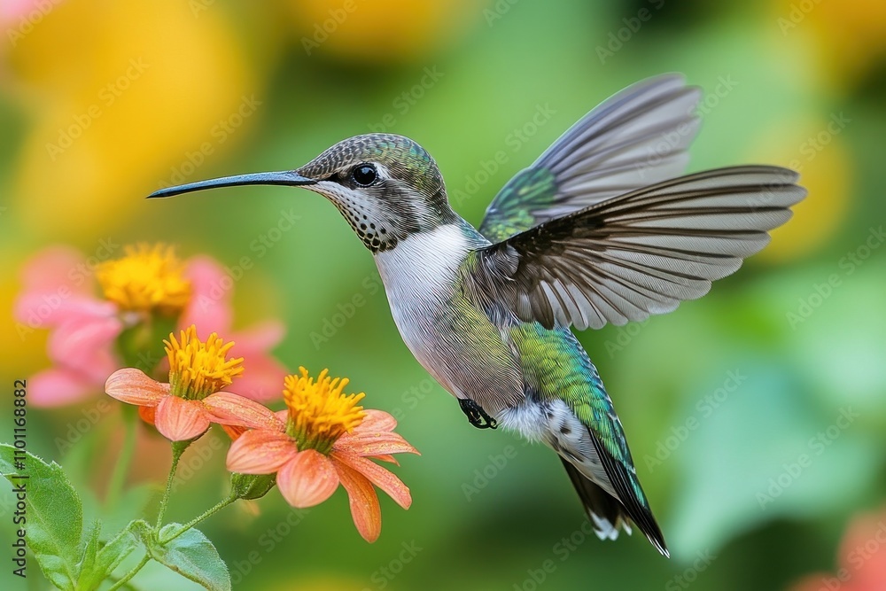 Fototapeta premium A hummingbird hovers in mid-air, wings spread, with a blurred background of colorful flowers.