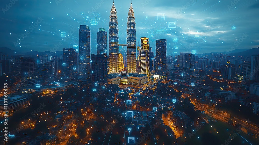 Obraz premium a holographic hologram of abstract technology icons surrounds a panoramic view of kuala lumpur malaysia asia concept of connections and networking among individuals double exposur