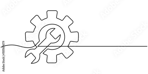 Continuous one line drawing of machine gear. One line drawing illustration of gear wheel. Gear technology concept single line. Editable outline, gears cogwheel continuous one line drawing. One line 
