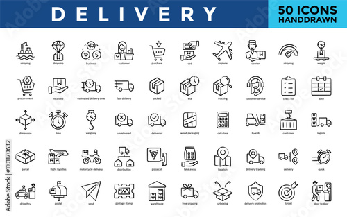 Delivery icon set with shipping, dropship, business, customer, purchase, cod, airplane, courier, weight, procurement icon. Simple handdrawn vector 
