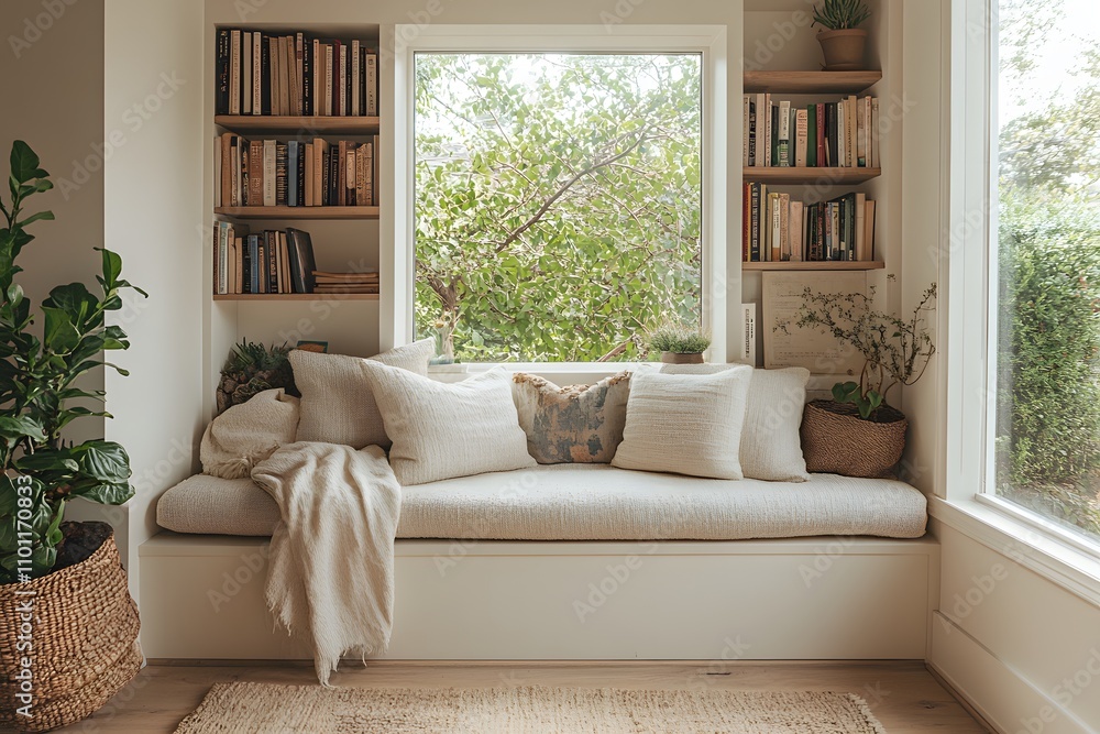 Fototapeta premium Cozy reading nook with built-in bench and bookshelves
