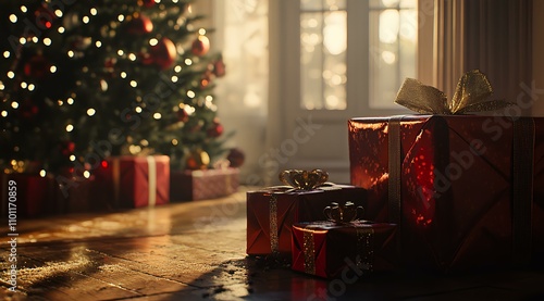 Christmas Morning Presents Under the Tree: A Festive Holiday Scene with Red Wrapped Gifts and Warm Lighting photo