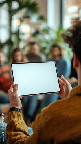 Interractive Study Sessions Person holding blank tablet in a meeting setting. photo