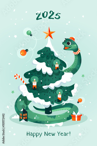 Christmas tree with cute wooden snake 2025. Symbol of Chinese or Russian New Year. Vector greeting card. Snowy baby mascot. 