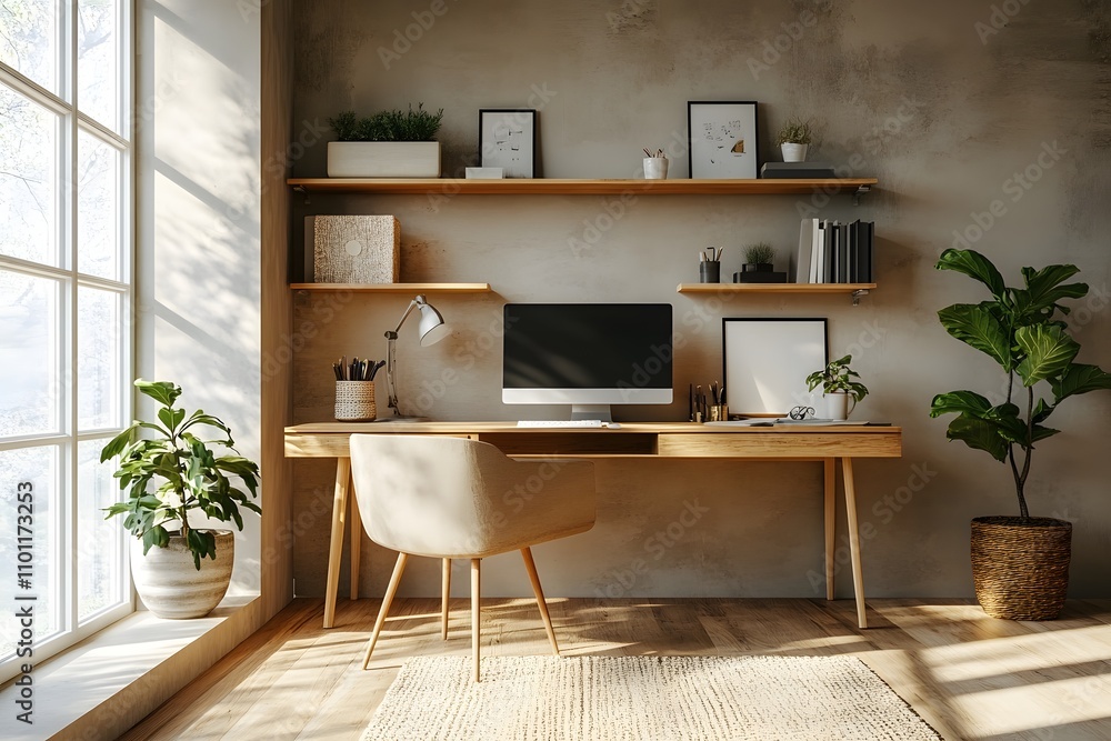Minimalist home office with wall-mounted desk and shelving Minimalist home office with wall-mounted desk and shelving