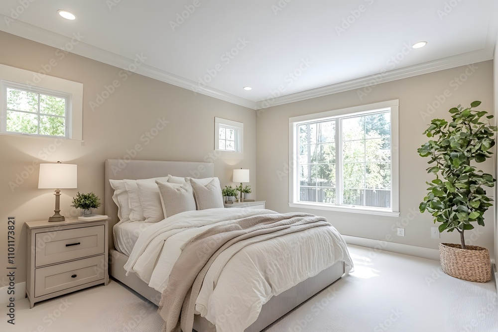Fototapeta premium Modern bedroom with wall-mounted lights and simple decor