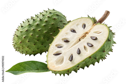 Fresh Soursop Fruit Half with Green Skin and Brown Seeds