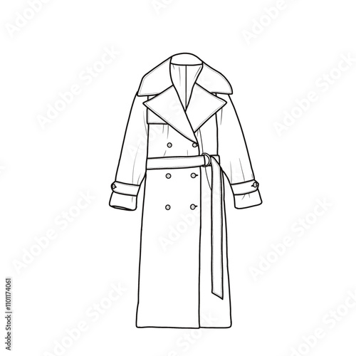 Women's long trench coat double breasted lapel windproof with belt line art.