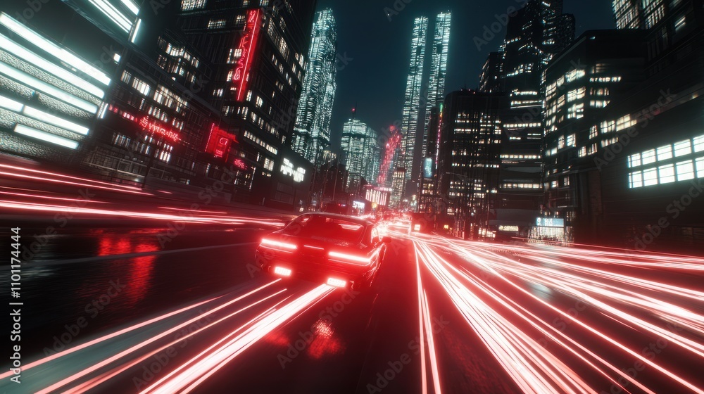 Naklejka premium Futuristic Cityscape at Night: Neon Lights, Digital Lines, and High-Tech Urban Energy