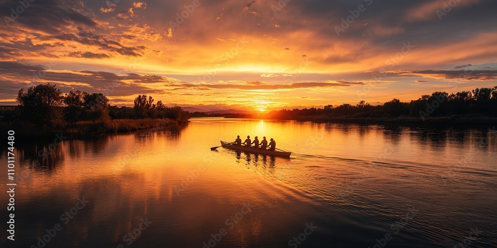 Obraz premium A group of rowers glides across a tranquil river at sunset, surrounded by vibrant colors in the sky and reflecting on the water.